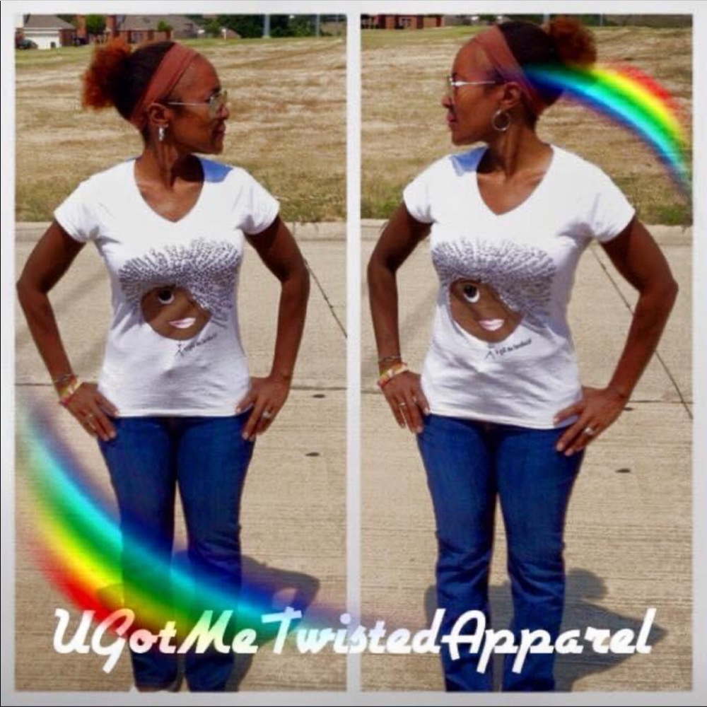 New white V-neck tee with cute curly girl hair graphic tshirt.